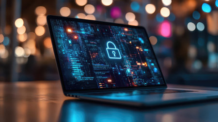 A laptop displaying a digital lock symbol, representing cybersecurity and data protection in a high-tech workspace environment.の素材