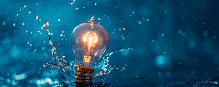 Swirling water filled lightbulb on a deep blue background symbolizing the concept of fluid and adaptable planning flexible innovation and bright ideasの素材