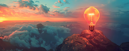 Lightbulb Perched Atop a Majestic Mountain Peak Symbolizing the Pinnacle of Strategic Success and Illuminating a Breathtaking Panoramic View of the Surrounding Landscapeの素材