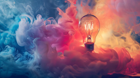 Vibrant and Swirling Multicolored Smoke Surrounding a Glowing Lightbulb Representing the Birth of an Abstract Idea or Conceptual Creativityの素材