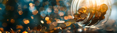 Abstract Digital Waterfall of Coins Flowing into Transparent Savings Jar Representing Continuous Financial Growth and Prosperous Futureの素材