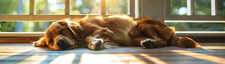 Peaceful dog curled up and napping on a sunlit porch enjoying a moment of pure relaxation and comfort as a Sunday morning companionの素材