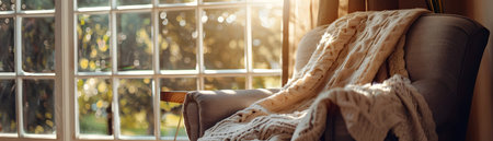 Cozy armchair with plush blanket draped over it next to a window where morning light filters in creating a serene and tranquil atmosphere of comfort and relaxationの素材