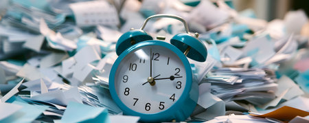 Alarm clock with a prominent snooze button is surrounded by scattered papers and an urgent calendar reminder indicating the morning rush and time management challenges faced in the workplaceの素材
