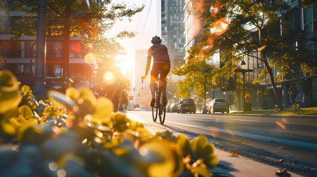 Cyclist riding a bicycle along a city bike lane with the first light of day breaking through capturing the energy and of an urban morning adventureの素材