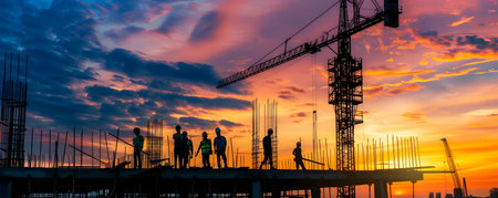 Vibrant construction site bursting with energy as workers hurry to their posts at the start of the day silhouetted against a dramatic colorful sky at dawnの素材