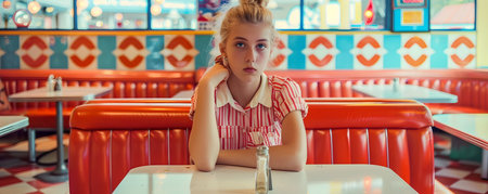 Confident and stylish teenager sitting in a retro style diner with vibrant pop art inspired patterns and bright colors on the walls and furniture creating a nostalgic and youthful atmosphereの素材