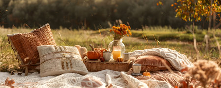 Cozy autumn picnic scene with boho style blankets plush pillows and a rustic wicker basket set in a peaceful outdoor field or meadow  The setting evokes a warmの素材