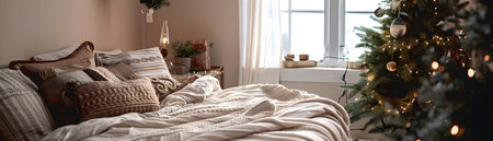 Cozy and inviting boho style Christmas bedroom featuring earthy tones woven textiles and a small decorated tree creating a warm and festive holiday retreat atmosphereの素材