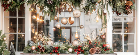 Boho Christmas Window Display with Hanging Ornaments and Natural Wreaths  Festive holiday dcor featuring a cozy rustic and elegant design with pine cones berries and warm lightingの素材