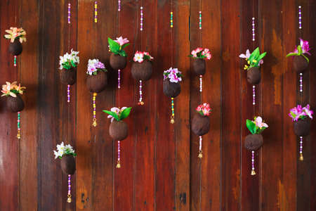 colorful flower on wooden background as furnitureの写真素材