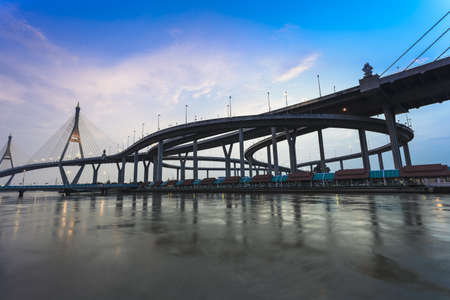 Sunset mega bridge and river reflect