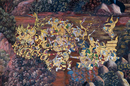 Masterpiece Ramayana painting in temple of emerald Buddha in Grand Palace in Thailand のeditorial素材