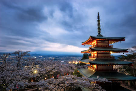Chureito pagoda night city with no Fuji mountainのeditorial素材