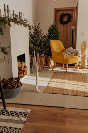 Stylized modern holiday decor in Scandinavian style in the sunlight at sunriseの写真素材