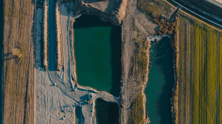 Aerial view of gravel extraction from a riverbed at the foot of mountainsの写真素材