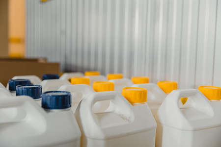 Plastic container cans for liquid chemical solutionsの写真素材