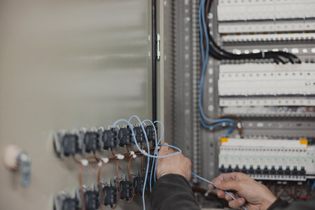 <p>Close-up of electrician hands working on switches in control room</p>