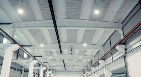 Ceiling and Interior of a Modern factory in whiteの写真素材