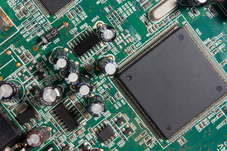 Dirty Electronic Circuit Board. Transistor Microchips.