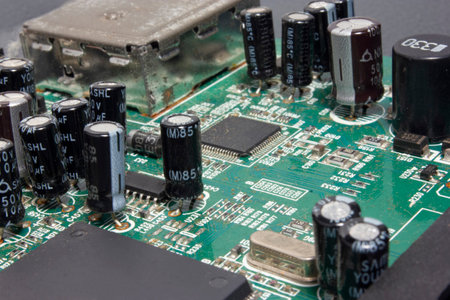 Dirty Electronic Circuit Board. Transistor Microchips.の写真素材