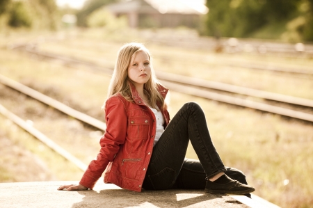Young girl at the stationの写真素材