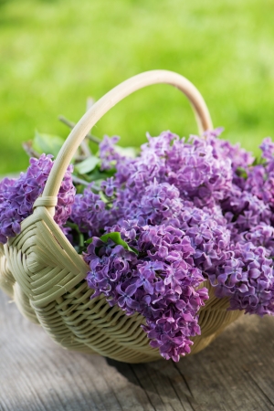 Lilac in a basket on wooden backgroundの写真素材