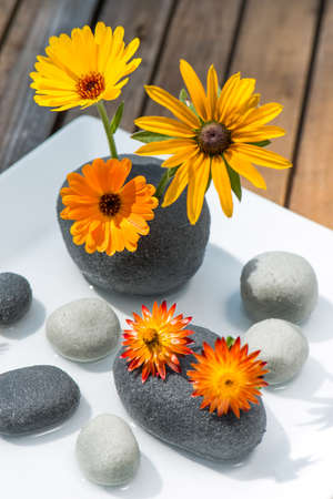 Flowers and stones on wooden backgroundの写真素材