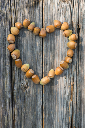 Heart of hazelnuts on gray wooden backgroundの写真素材