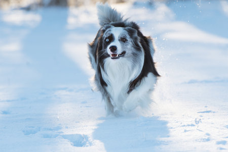 Border collie dog in snowy winter landscapeの写真素材