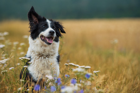 Border collie dog in a wild flower fieldの写真素材