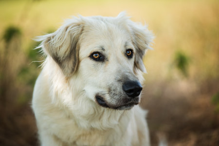 Cross breed dog in summer natureの写真素材