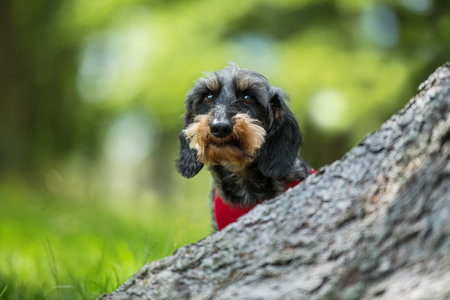 Dachshund behind a treeの写真素材