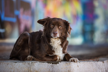 Cute dog with graffiti in the background looking at the cameraの写真素材