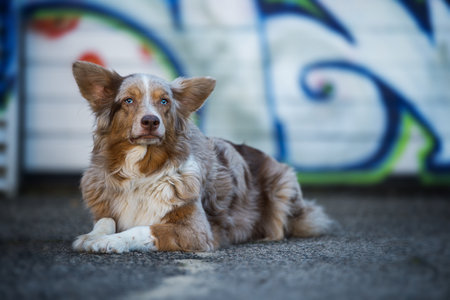 Colorful dog with graffiti in the background looking at the cameraの写真素材
