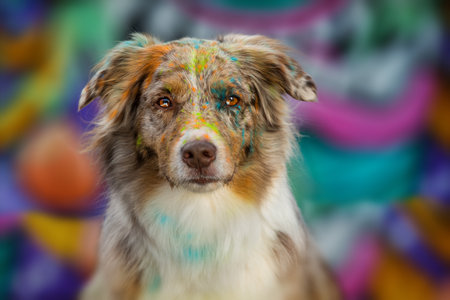 Adult australian shepherd dog with holi powder on colorful background looking to the cameraの写真素材