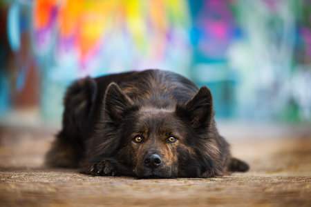 Big adult dog on colorful background looking at the cameraの写真素材