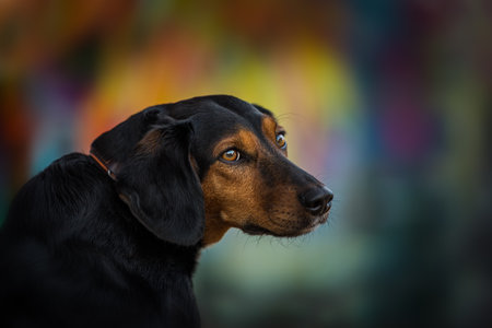 Adult cross breed dog on colorful background looking to the sideの写真素材