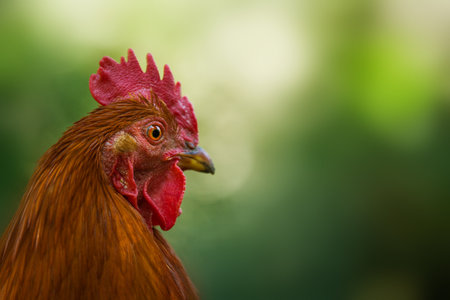 New hemshire rooster in a summer meadowの写真素材