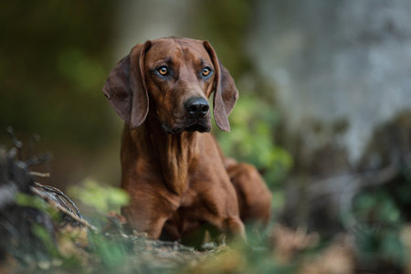 Rhodesian ridgeback in a forest