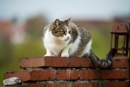 Domestic cat on a wall in a garden looks into the distanceの写真素材