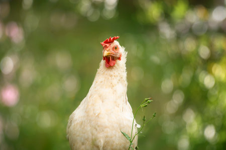 White hen in a summer backgroundの写真素材