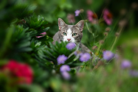 Young tabby cat in nature background looks to the cameraの写真素材