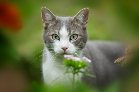 Tabby cat in a summer gardenの写真素材