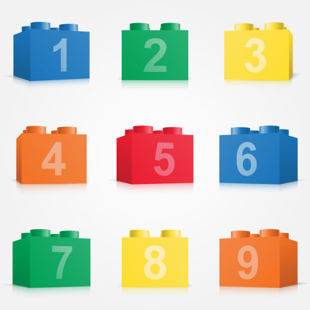 Alphabet from colorful brick block toy. Building brick numbers for poster, banner, print for kids.のイラスト素材