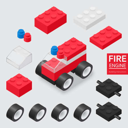 Building instructions for Fire Engine blocks bricks Toy, Toy building block, bricks for children. Vector isometric illustration.のイラスト素材