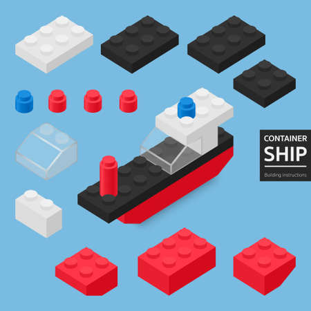 Building instructions for the Container ship blocks bricks Toy, Toy building block, bricks for children. Vector isometric illustration.のイラスト素材