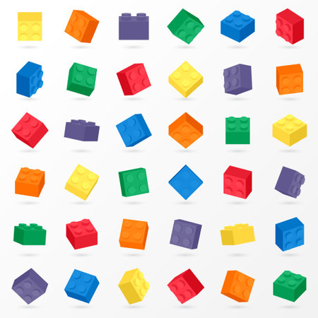 Set of colorful block brick toys with 3D perspective views of building toys for kid. Vector illustration, Isolated on white backgroundのイラスト素材