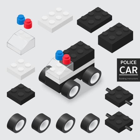 Building instructions for the police car blocks bricks Toy, Toy building block, bricks for children. Vector isometric illustration.のイラスト素材