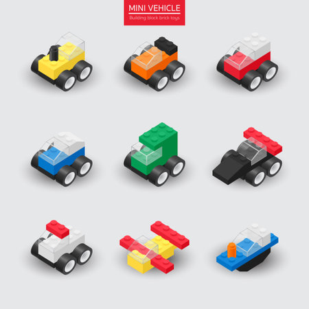 Mini vehicles, Building block brick toys, Transport toys for children. Vector isometric cartoon set illustration.のイラスト素材